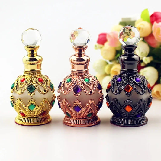 15Ml Vintage Metal Perfume Bottle Fancy Arab Style Essential Oil Bottles with Glass Dropper Cosmetic Container Decoration